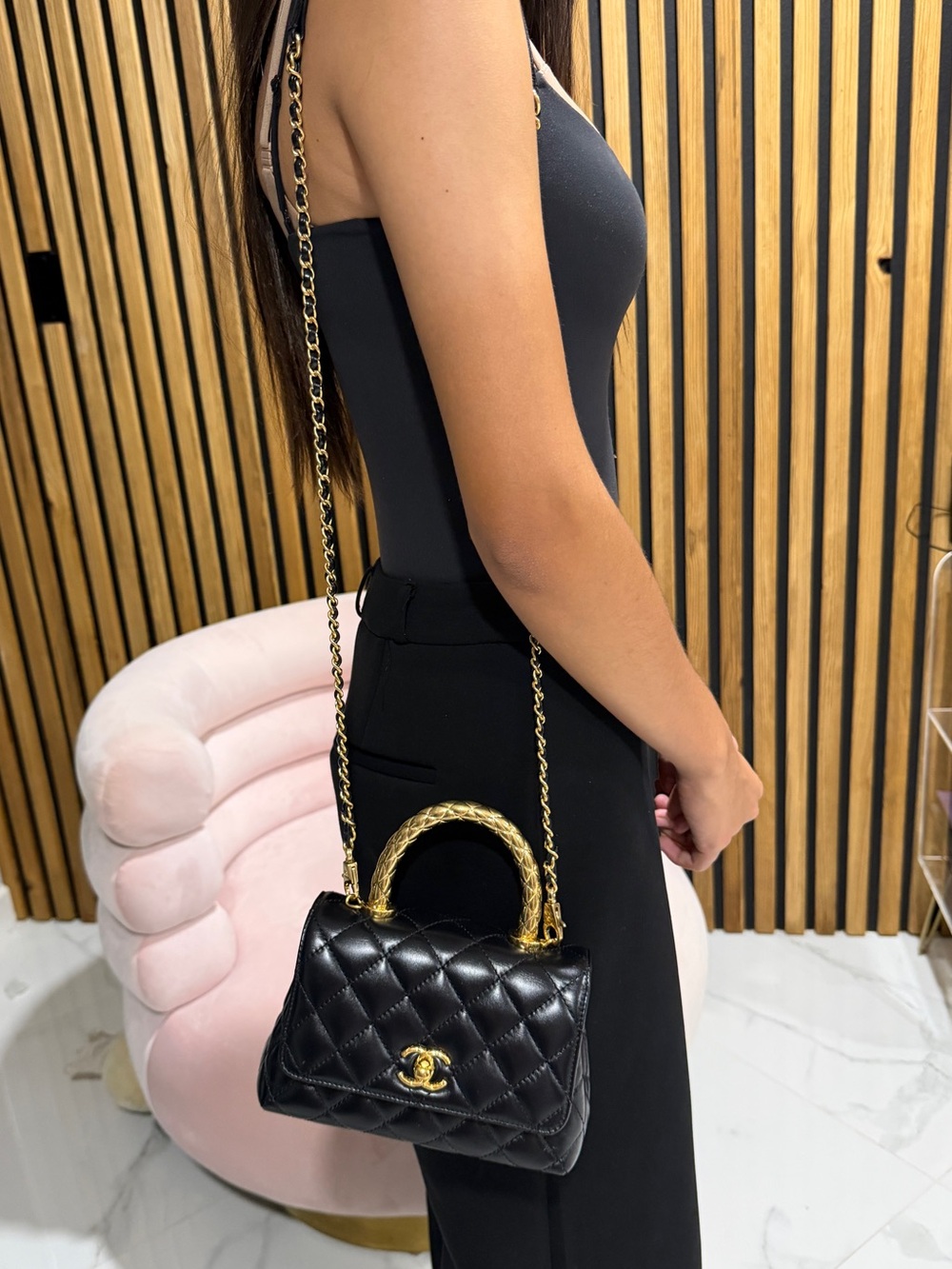CHANEL Shiny Calfskin Quilted Mini Coco Chain Gold Handle Flap Black Bag - Picture 15 of 16